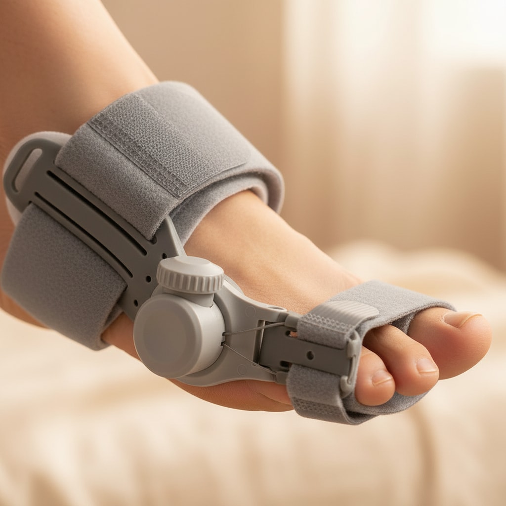 Détail matière du correcteur hallux valgus rigide sur le pied — STRYDECARE
