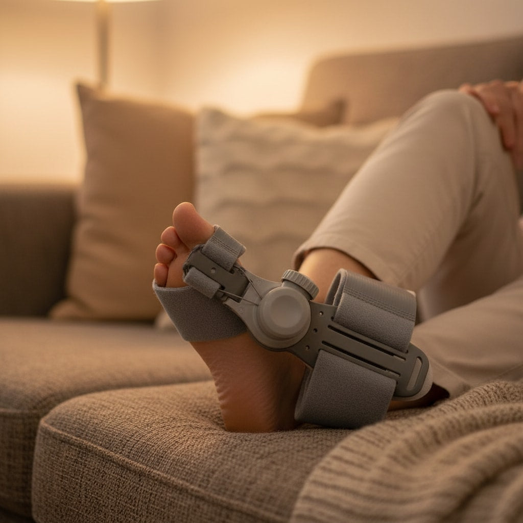 Correcteur hallux valgus rigide porté au repos le soir, femme 50 ans — soulagement de l'oignon la nuit — STRYDECARE
